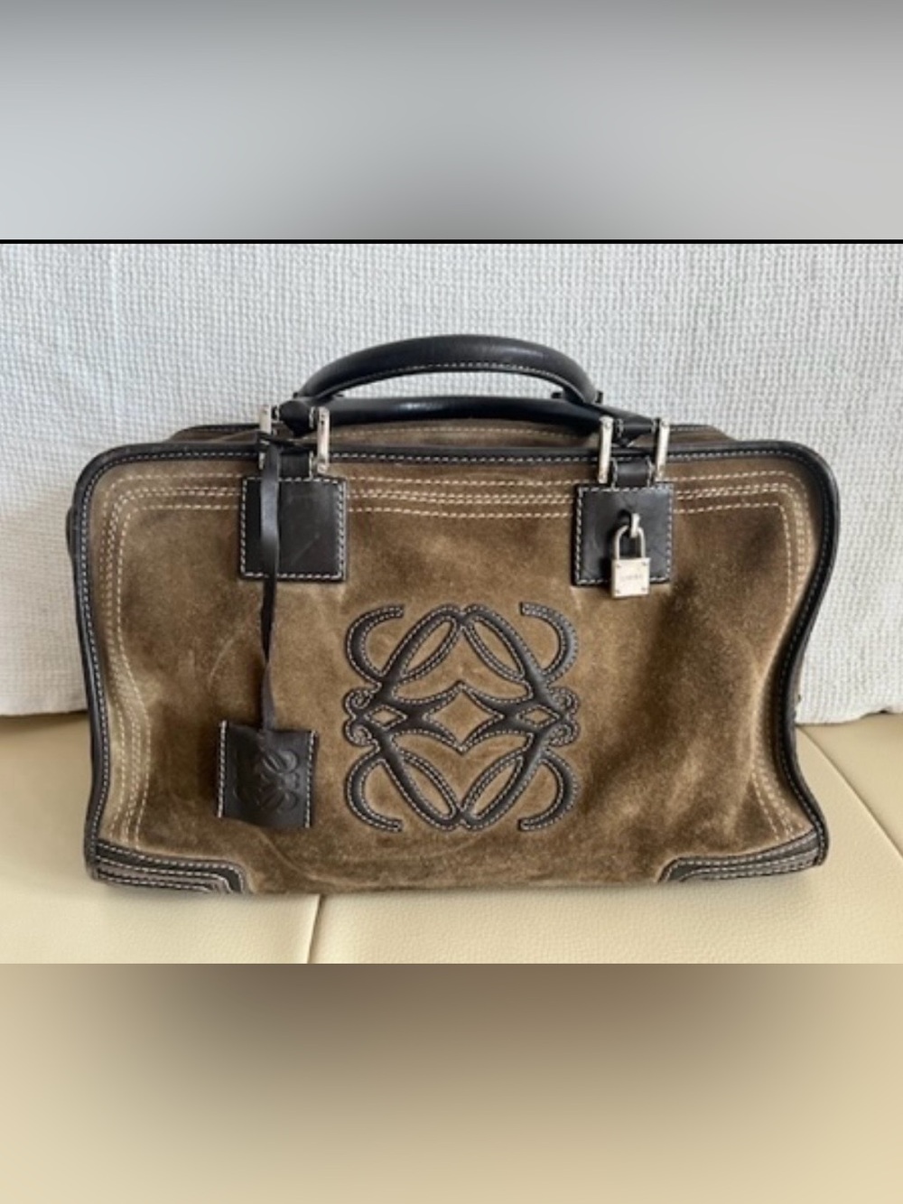 Loewe Vintage Leather Amazona Handbag in Khaki Brown Suede